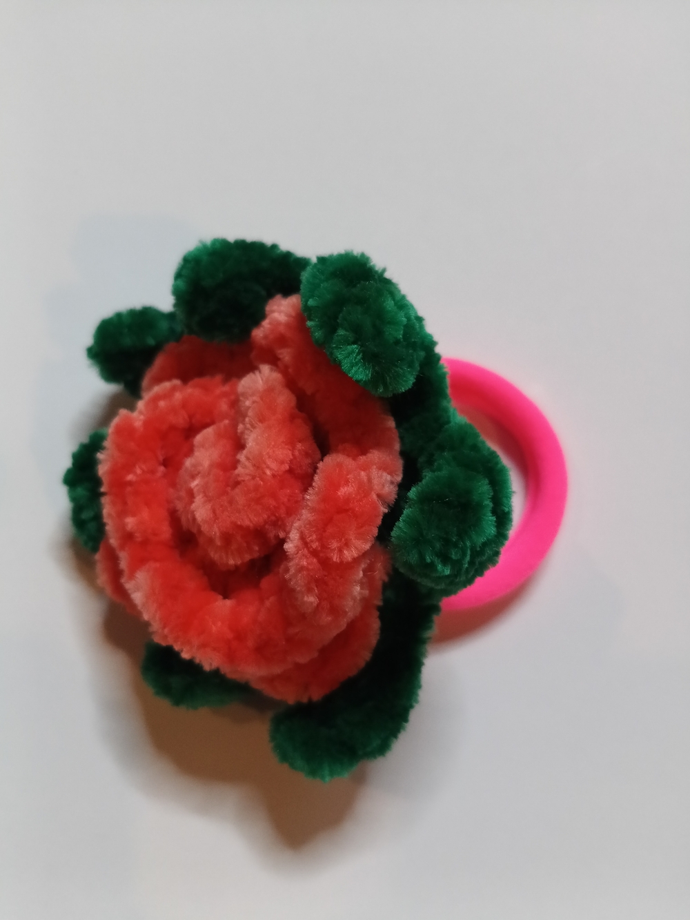 Floral Plush Rose Hair Tie - Pink and Green